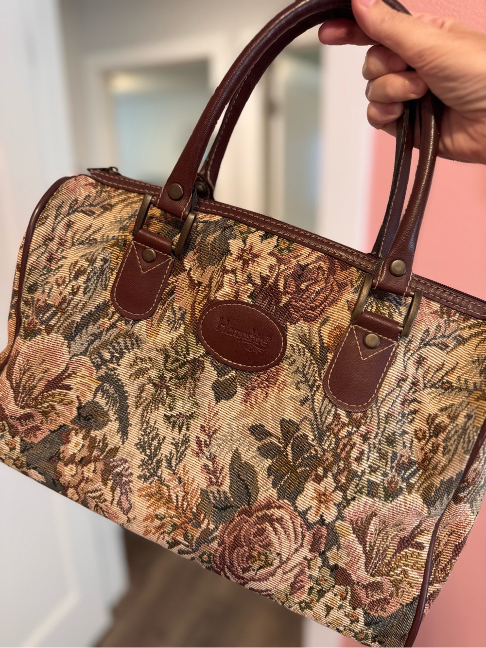 Floral Tapestry Satchel Bag in Brown
